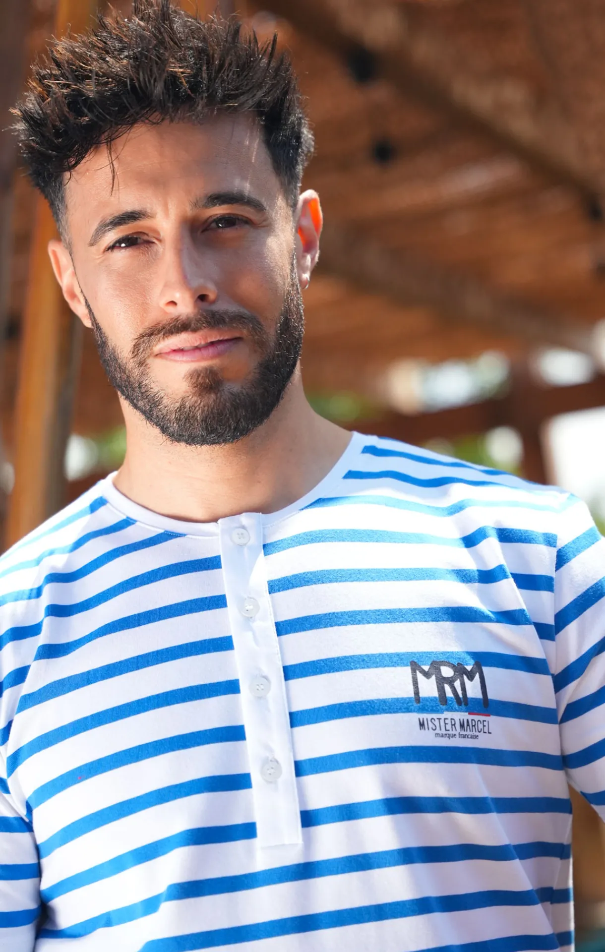 Homme LITTLE MARCEL Tee-shirt col tunisien Homme Mister Marcel TYRADE BLANC BLEU